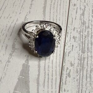 Avon Simulated Sapphire Ring Sz 8 Signed RJ 125 September Birthstone Silvertone